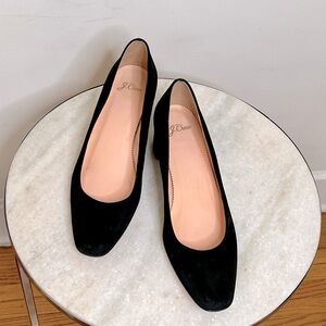J.Crew black velvet pumps with a 2” heel.